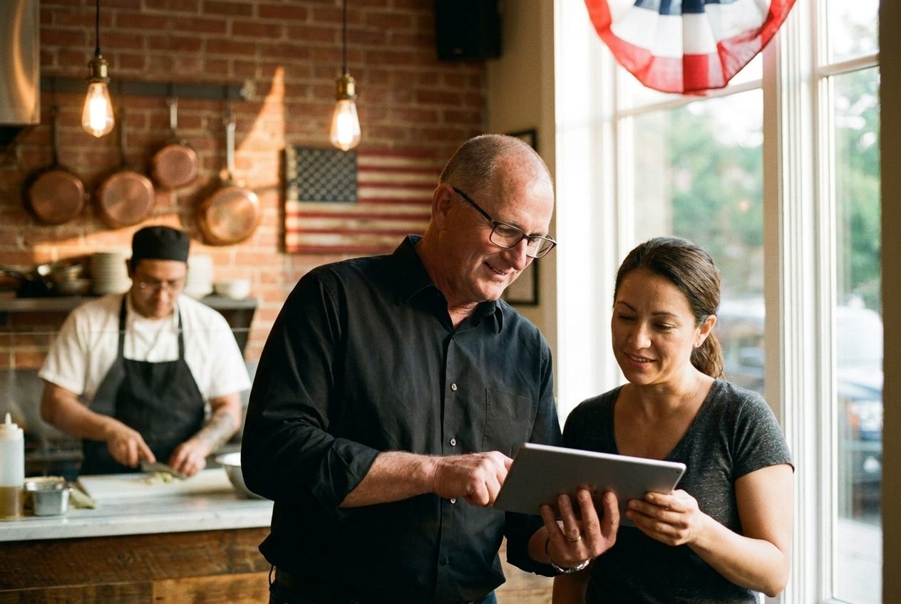 Two operators reviewing a tablet together at the counter of a small restaurant, a cook prepping in the background, American flag bunting in the window