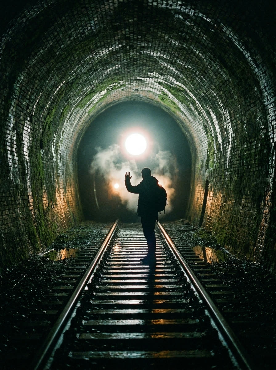 A lone figure stands between the rails inside a dark brick railway tunnel, one hand raised toward a bright headlamp and steam at the tunnel mouth